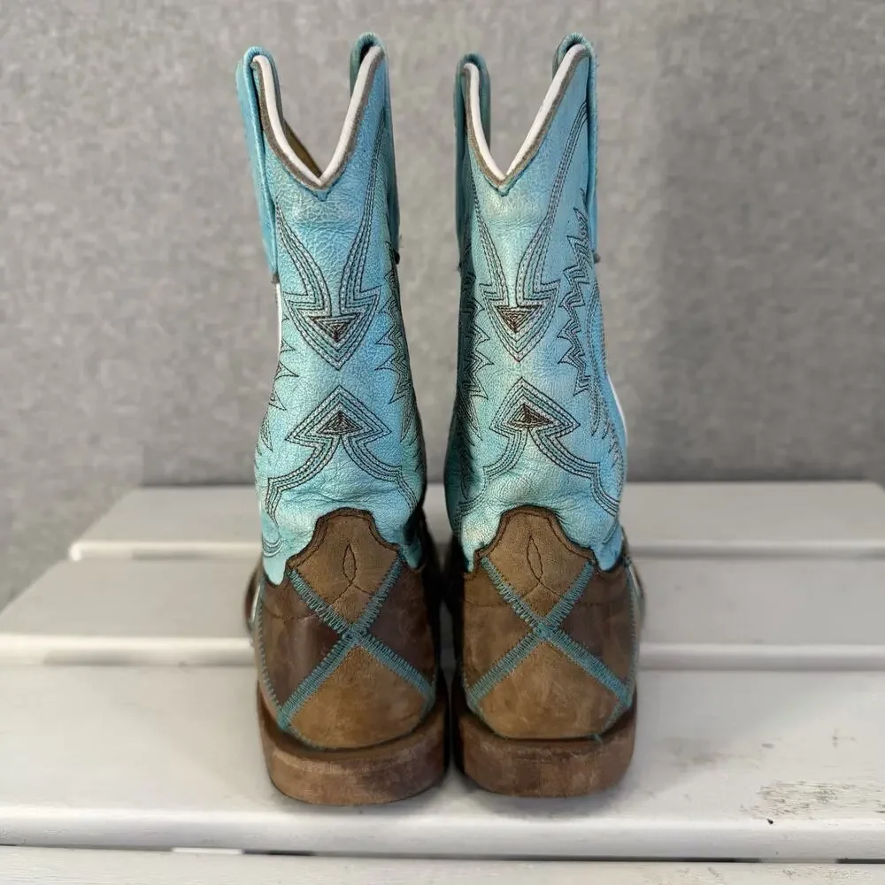 HP Western Boots Girls Size 1 Blue Brown Leather Embroidered Cowboy